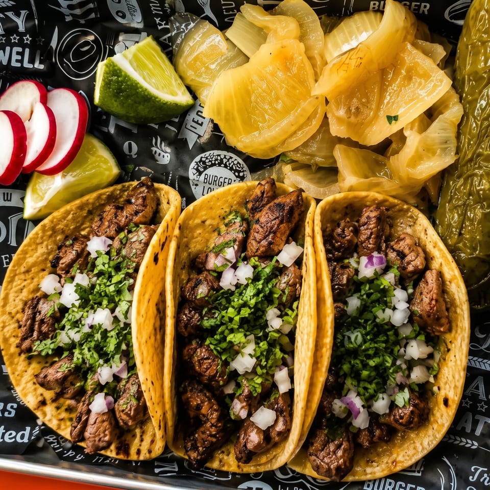 Three tacos with meat, cilantro, and onions, served with radishes, limes, and pickled vegetables.
