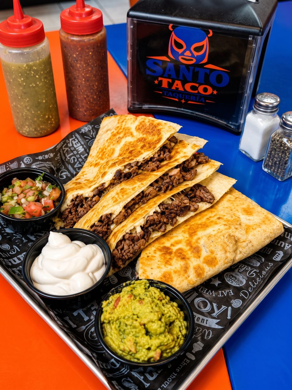 Santo Taco quesadillas with meat, guacamole, pico de gallo, and sour cream on a tray.