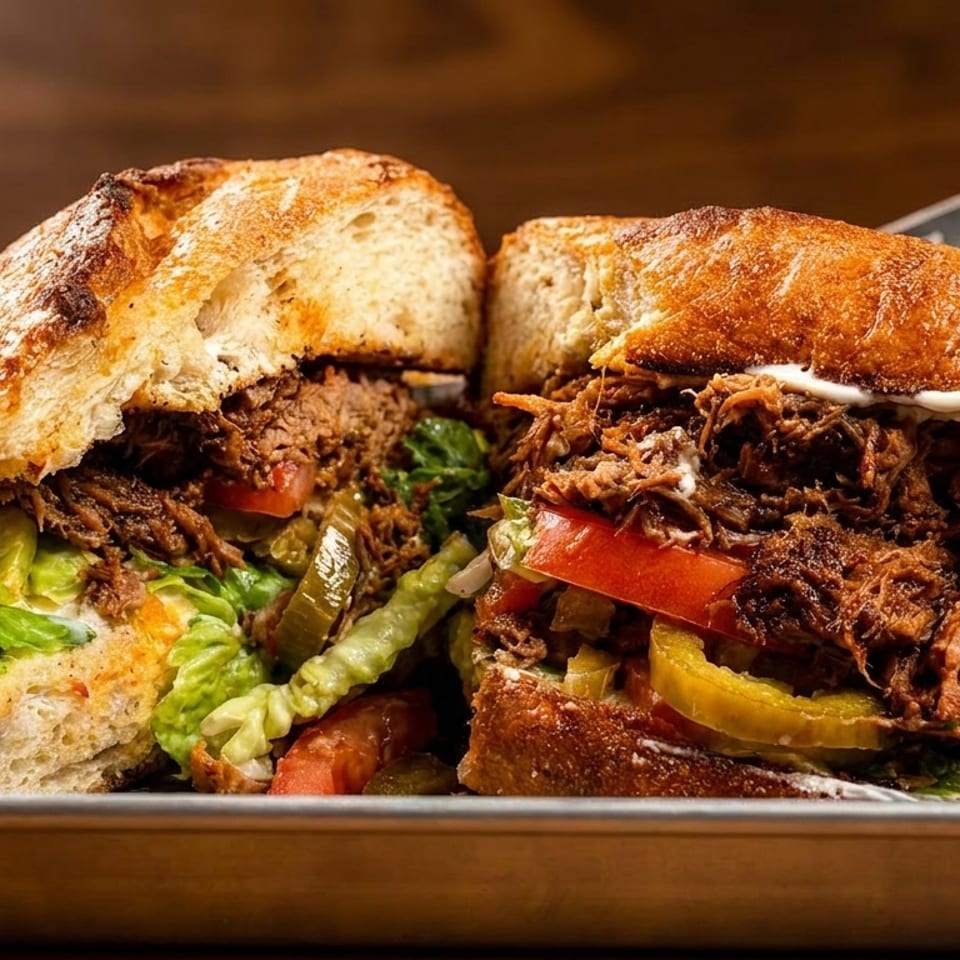 Two halves of a large, crusty bread sandwich filled with shredded meat, lettuce, tomatoes, and pickles.