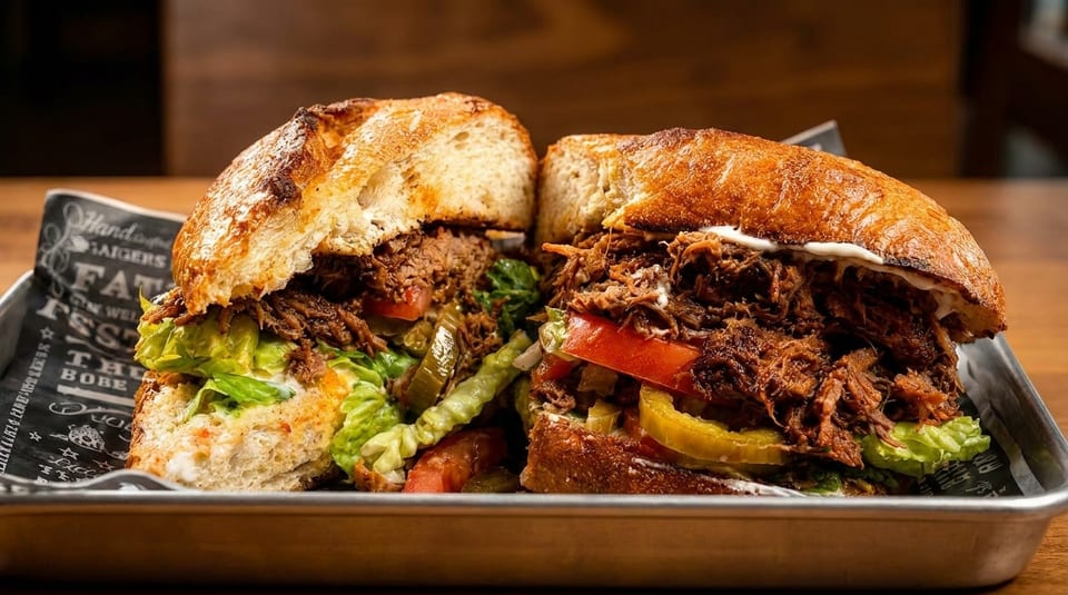 Two halves of a large, crusty bread sandwich filled with shredded meat, lettuce, tomatoes, and pickles.