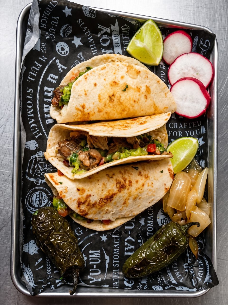 Three tacos with guacamole and meat, served with radishes, limes, and peppers on a metal tray.