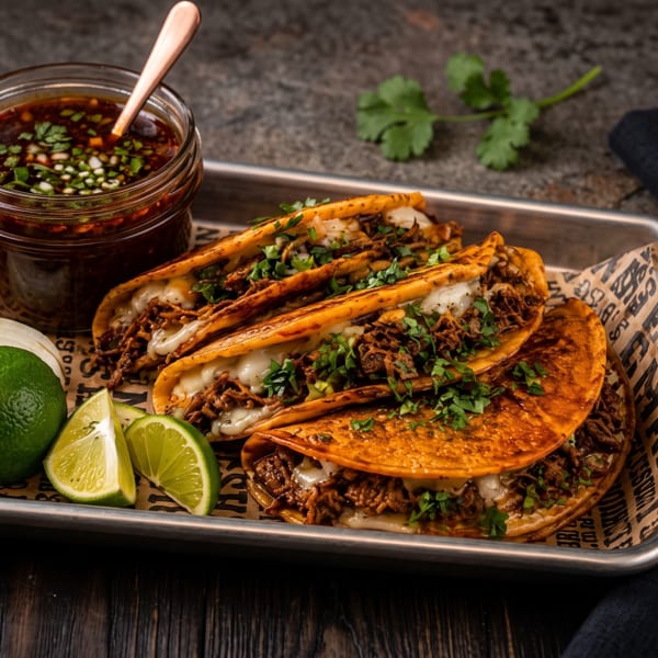 Four birria tacos with melted cheese, cilantro, and a side of consommé, lime, and onion.