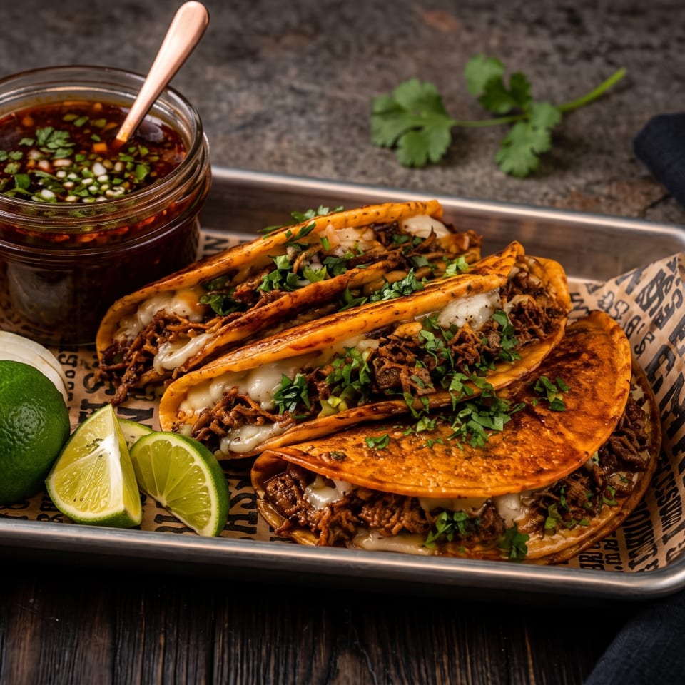 Four birria tacos with melted cheese, cilantro, and a side of consommé, lime, and onion.