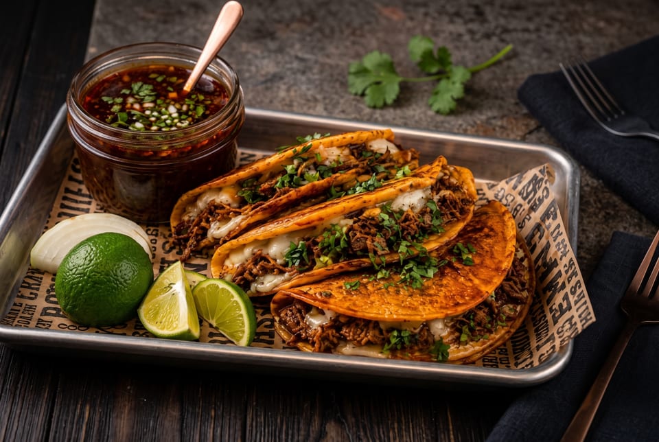 Four birria tacos with melted cheese, cilantro, and a side of consommé, lime, and onion.